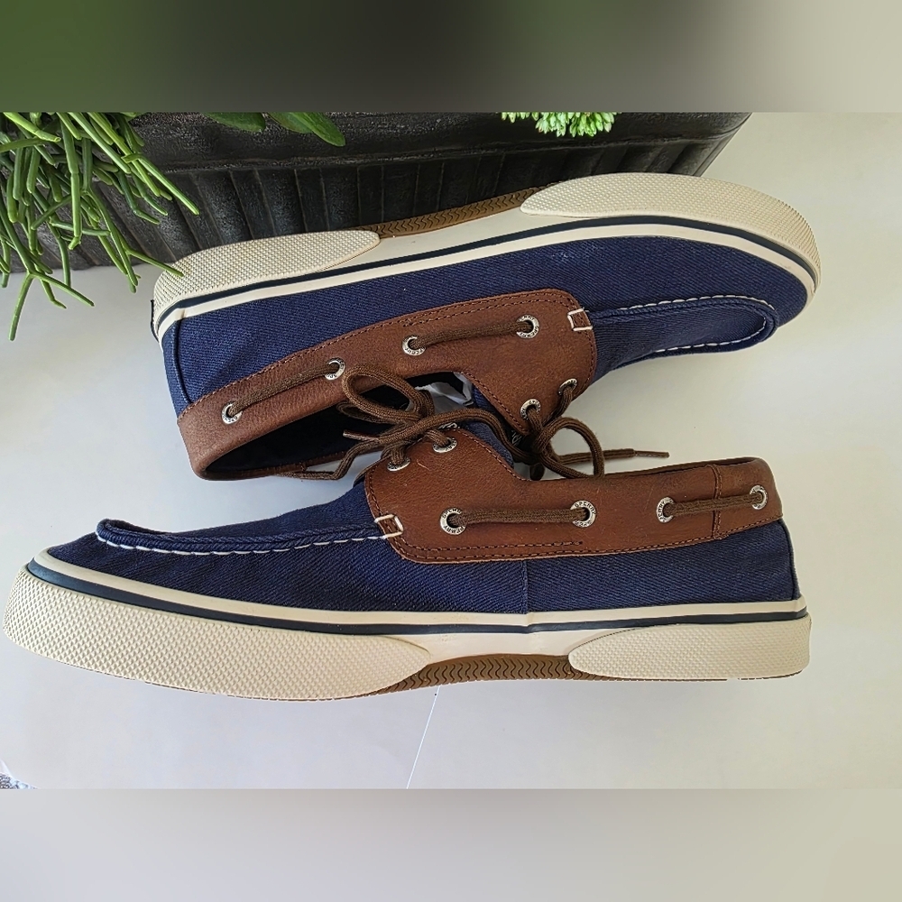 Sperry Halyard 2 Eye Boat Shoes Navy Denim Leather Trim MN 13 Wide Preppy Casual - Picture 5 of 12